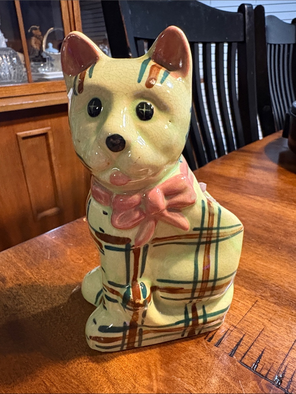 Vintage Japan Cream and Plaid Ceramic Cat Planter or Vase with Pink Bow